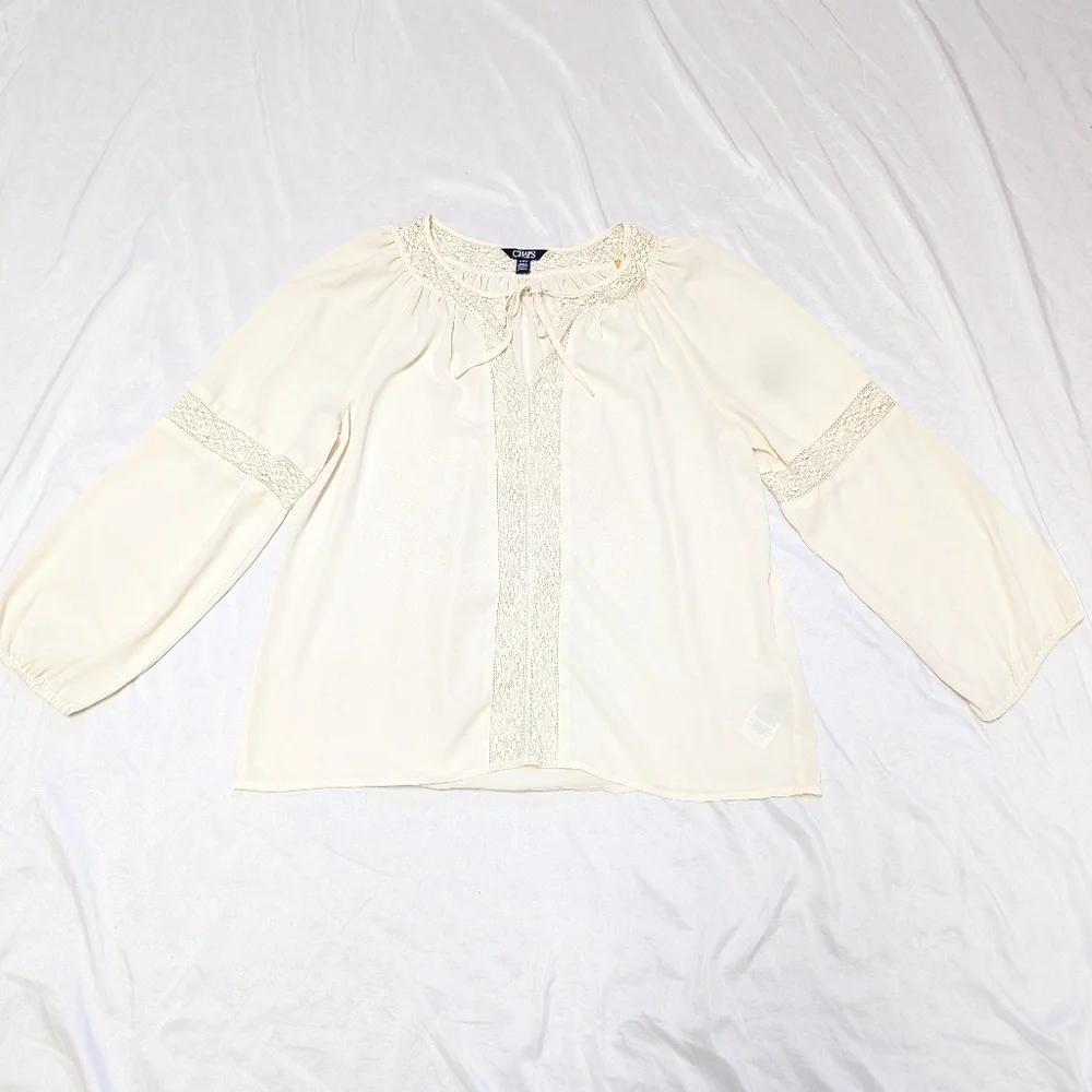 Chaps Cottagecore Cowgirl Boho Peasant Lace Trimmed Long Sleeve Blouse Medium - Picture 1 of 10